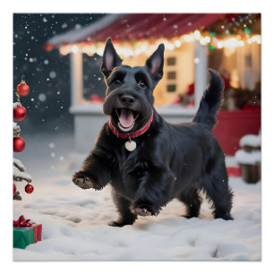 Poster Chien Terrier Ecossais Jouant à la Neige de Noël