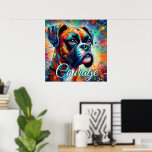 Poster Chien Turquoise Bleu Chien de la boîte d'art pop c<br><div class="desc">Les chiens de boxe sont souvent considérés comme des symboles de loyauté, de courage et de protection. Ils sont connus pour leur nature ludique et énergique, ainsi que pour leur lien étroit avec leurs familles. Les boxeurs sont également associés à la résilience et à la détermination, reflétant leur histoire de...</div>