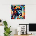 Poster Chien Turquoise Bleu Chien de la boîte d'art pop c<br><div class="desc">Les chiens de boxe sont souvent considérés comme des symboles de loyauté, de courage et de protection. Ils sont connus pour leur nature ludique et énergique, ainsi que pour leur lien étroit avec leurs familles. Les boxeurs sont également associés à la résilience et à la détermination, reflétant leur histoire de...</div>