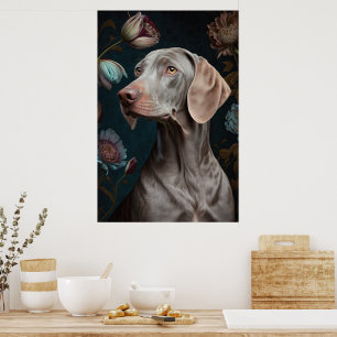 Poster Chien Weimaraner avec fleurs   Élégant portrait d'