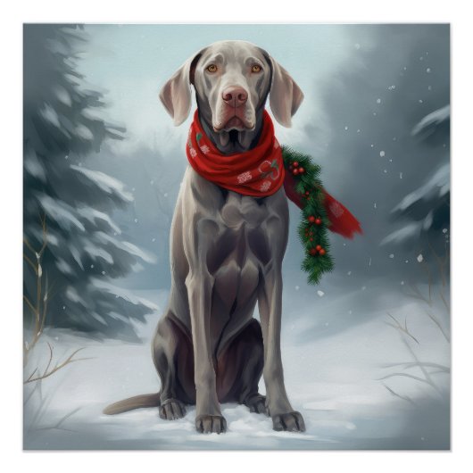 Poster Chien Weimaraner dans la neige de Noël (Devant)