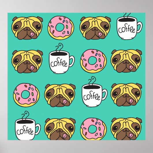 Poster Chiens amusants, beignets, motif de café. (Devant)