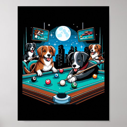 Poster Chiens Jouer Table Billard Billard 8 Ball (Devant)