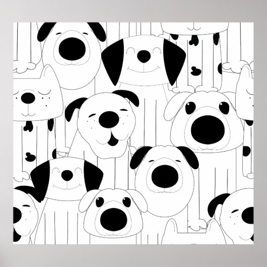 Poster Chiens mignons : dessin animé noir, blanc. (Devant)