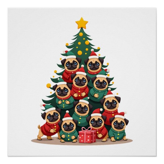 Poster Chiens Pug Arbre de Noël Mignon Noël (2) (Devant)