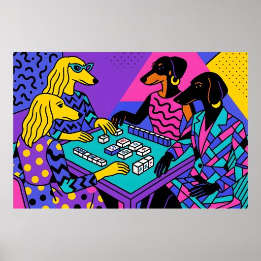 Poster Chiens Rétro Jouant au Mahjong (Devant)