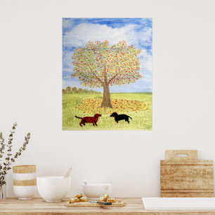 Poster Chiens teckel Arbre Promenade d'automne