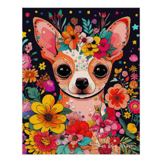 Poster Chihuahua Chien et Fleurs 003 - Bijou sur mesure