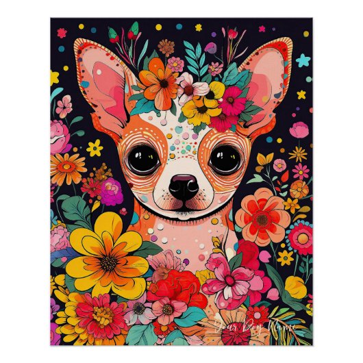 Poster Chihuahua Chien et Fleurs 003 - Bijou sur mesure (Devant)