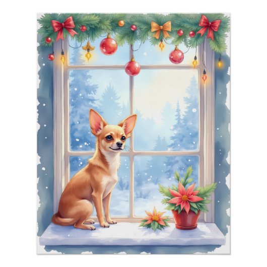Poster Chihuahua Snowy Windowsill Holiday Christmas Art (Devant)
