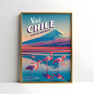 Poster Chili Amérique du Sud Vintage voyage Flamant rose