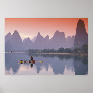 Poster Chine, rivière Li. Pêcheur solitaire au cormoran.