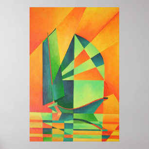 Poster Chinese Junk Sails at Sunrise Orange And Green 