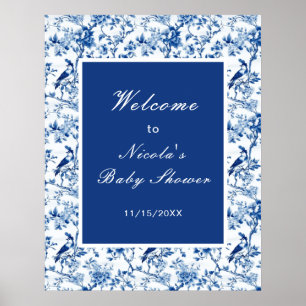 Poster Chinoiserie Baby shower des oiseaux et fleurs bleu