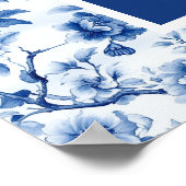 Poster Chinoiserie Baby shower des oiseaux et fleurs bleu (Coin)