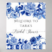 Poster Chinoiserie Bleu Blanc Oiseau Bienvenue Feuillage  (Devant)