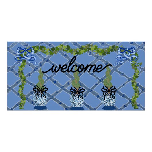 Poster Chinoiserie Blue Ginger Jars Topiary (Devant)