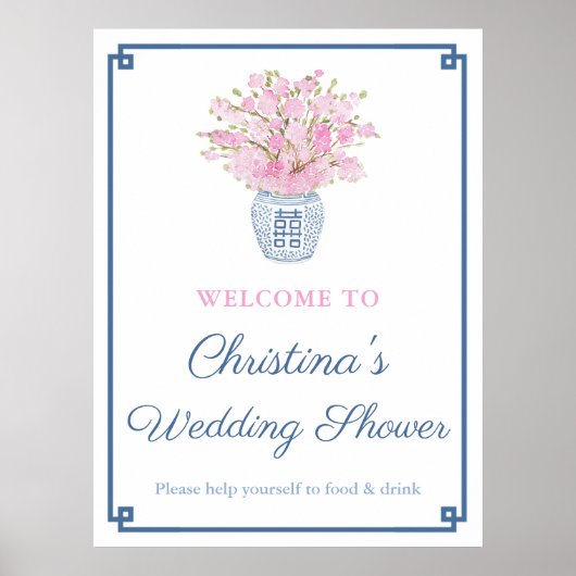 Poster Chinoiserie Chic Rose et Wedding shower bleu marin (Devant)