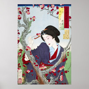 Poster Chinoiserie Dame japonaise et fleur de cerisier ro