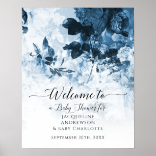 Poster Chinoiserie Floral Bleu Baby shower d'accueil