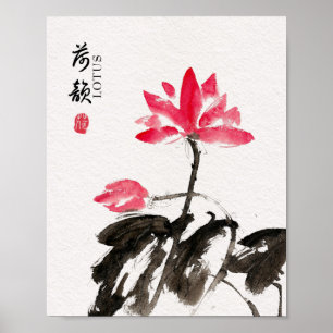 Poster Chinoiserie Freehand Watercolor Lotus Flowers
