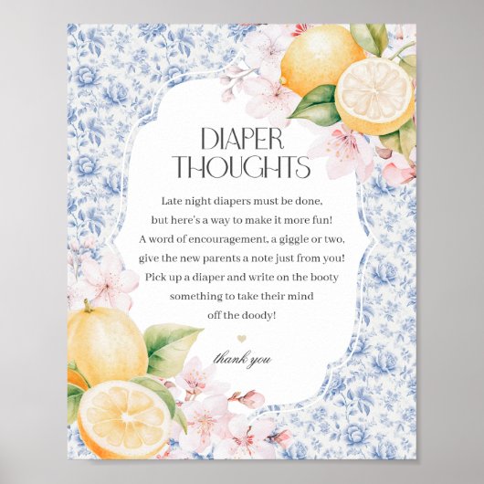 Poster Chinoiserie Lemon Tea Diaper Thoughts Baby shower (Devant)