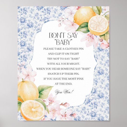 Poster Chinoiserie Lemon Tea Dont Say Baby shower Game (Devant)