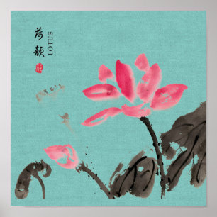 Poster Chinoiserie Libre Aquarelle Lotus Fleurs