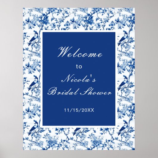 Poster Chinoiserie Oiseaux bleus et Fleurs Baby Shower (Devant)
