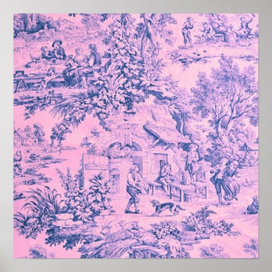 Poster Chinoiserie Toile Rose Française Style Rococo Rust (Devant)