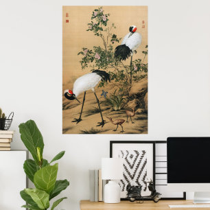 Poster Chinoiserie Vintage Grues couronnées et Roses
