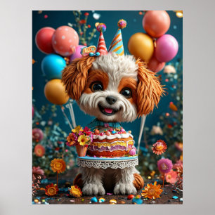 Poster Chiot Adorable Célébrant un Anniversaire
