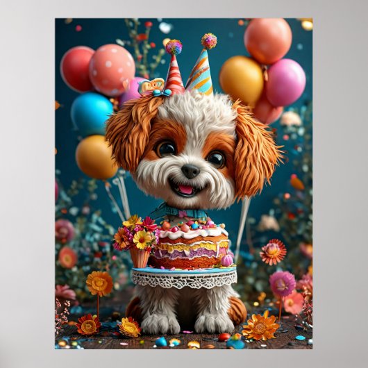 Poster Chiot Adorable Célébrant un Anniversaire (Devant)