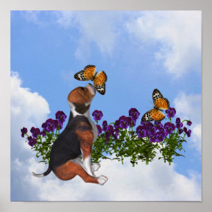 Poster Chiot beagle Avec Papillons Et Fleurs