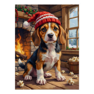 Poster Chiot Beagle Joyeux dans un Bonnet de Tricot Cosy