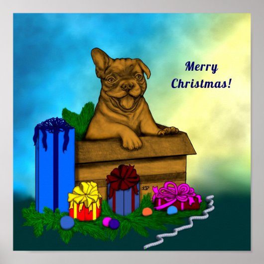 Poster Chiot dans une boîte, Joyeux Noël (Devant)
