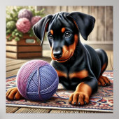 Poster Chiot de Doberman avec balle de Fer sur un tapis c (Devant)