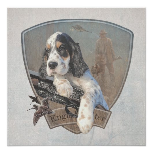 Poster Chiot de Setter anglais avec fusil de chasse class (Devant)