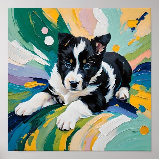 Poster Chiot joueur dans une explosion de couleurs – Abst (Devant)