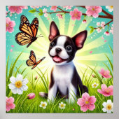 Poster Chiot mignon avec fleurs et papillons (Devant)