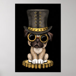 Poster Chiot mignon de carlin de Steampunk, noir