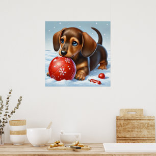 Poster Chiot teckel adorable jouant dans la neige