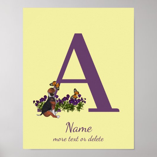 Poster Chiots Beagle Papillons Monogramme Initiale A Nom (Devant)