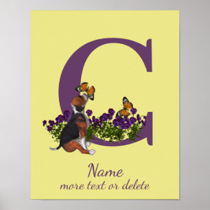 Poster Chiots Beagle Papillons Monogramme Initiale C Nom
