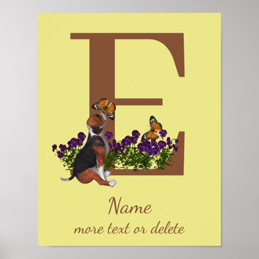 Poster Chiots Beagle Papillons Monogramme Initiale E Nom (Devant)