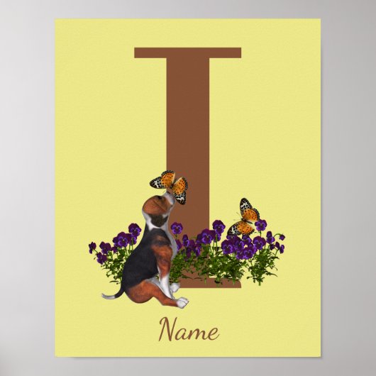 Poster Chiots Beagle Papillons Monogramme Initiale I Nom (Devant)