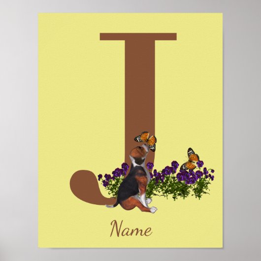 Poster Chiots Beagle Papillons Monogramme Initiale J Nom (Devant)