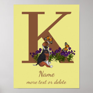 Poster Chiots Beagle Papillons Monogramme Initiale K Nom