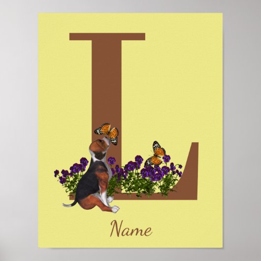 Poster Chiots Beagle Papillons Monogramme Initiale L Nom (Devant)