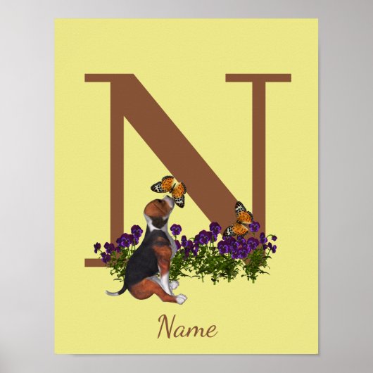 Poster Chiots Beagle Papillons Monogramme Initiale N Nom (Devant)